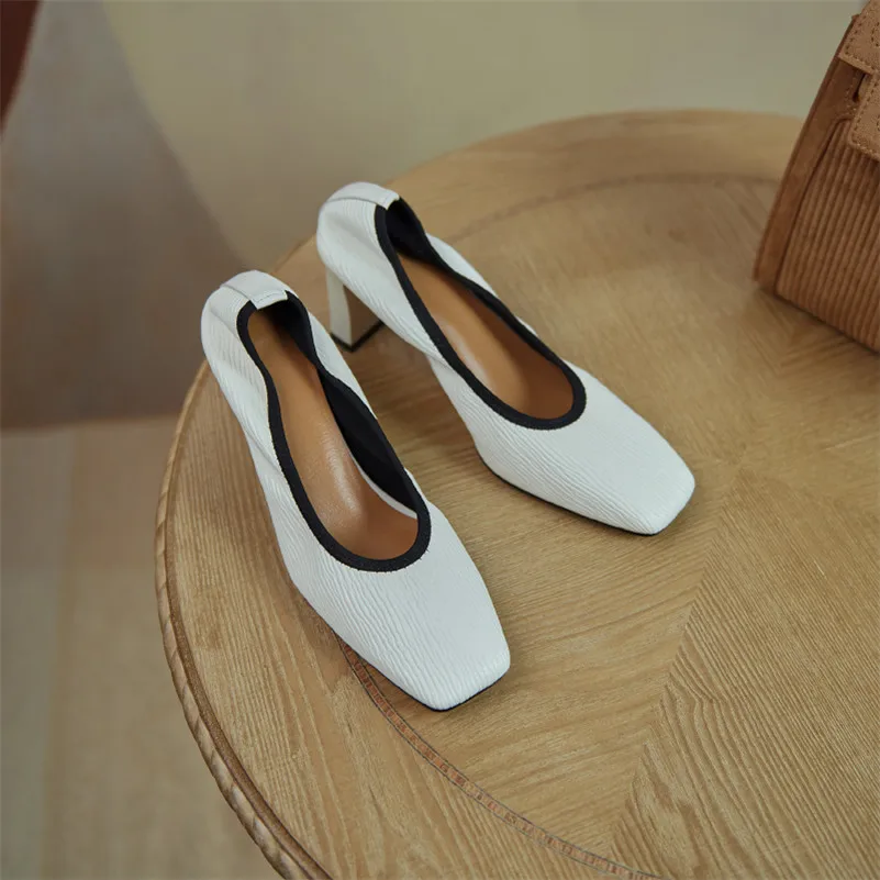 

Meotina Shoes Women Chunky Heels Pumps Fashion Square Toe Dress Footwear Stretch Fabric High Heel Shoes Ladies Beige Big Size 40