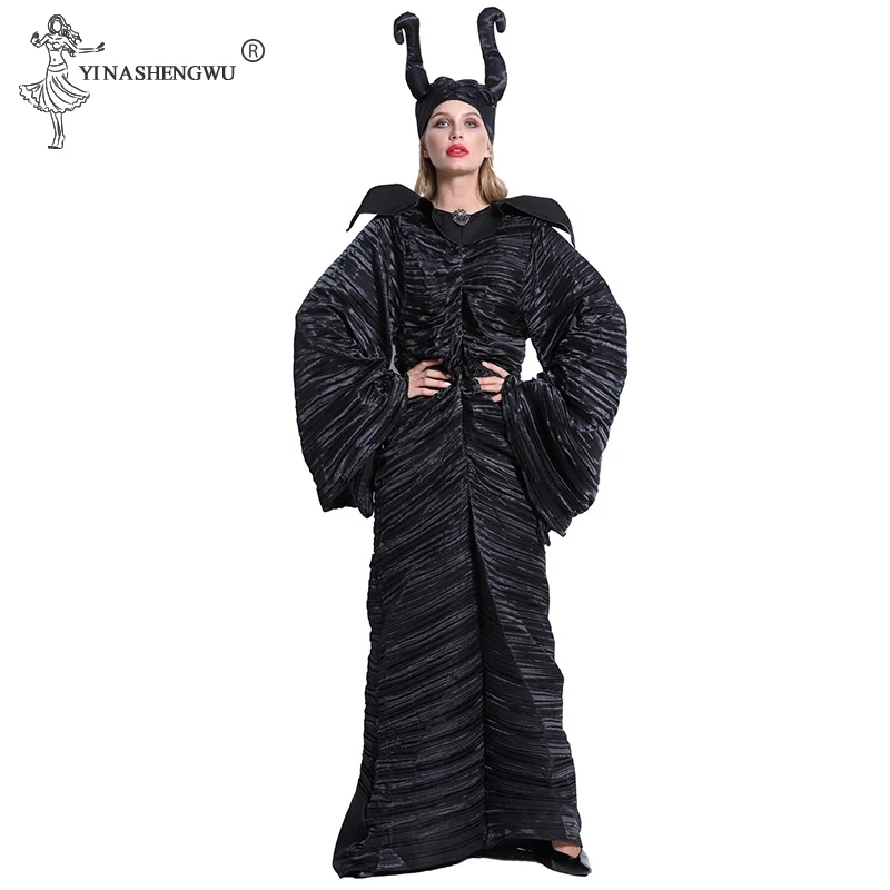 M-xl плюс размер Хэллоуин малифисента для косплея костюмы женщина страшный ужас комплект одежды с рогами Черная Королева одежда ведьмы 5 размер