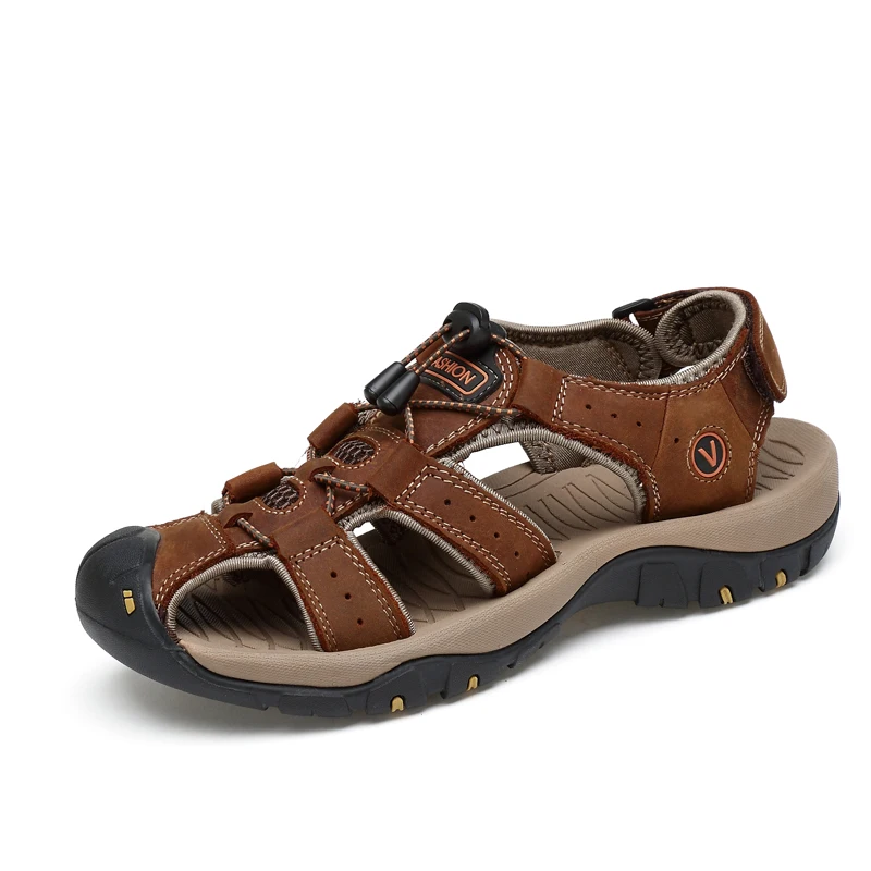 

2021 Fashion Genuine Leather Mens Sandals Summer Outdoor Big Size Breathable Beach Shoes Rubber Non-slip Trekking Sport Sandals