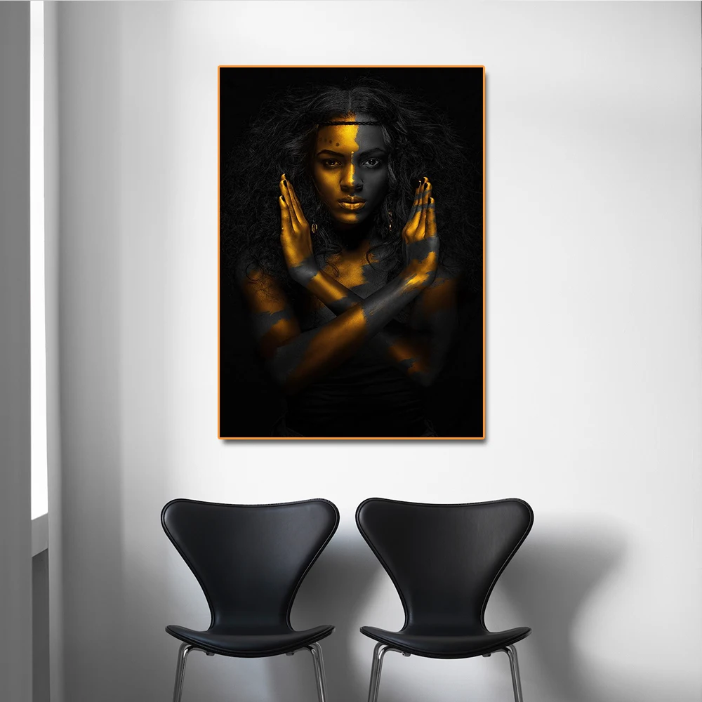 

Figure Picture Modern Black-Skinned Women Pictures Gold Wall Art Canvas Painting Posters Living Room Decor Cuadros No Frame