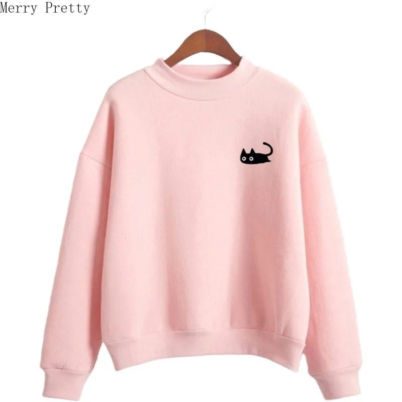 Женские толстовки с вышивкой мультяшного кота свитшоты длинным рукавом и