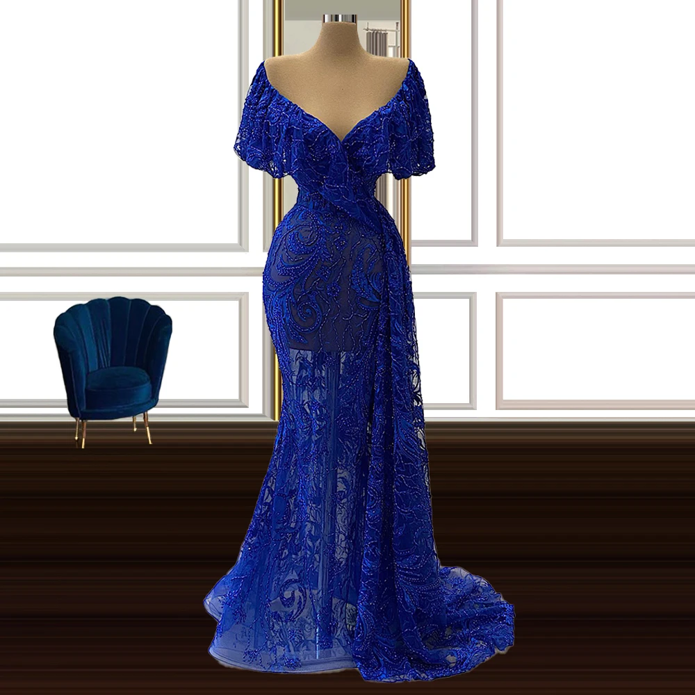 

Royal Blue Plus Size Lace Mermaid Dress Evening 2021 robe femme robe de soire femme Dresses for Women Party