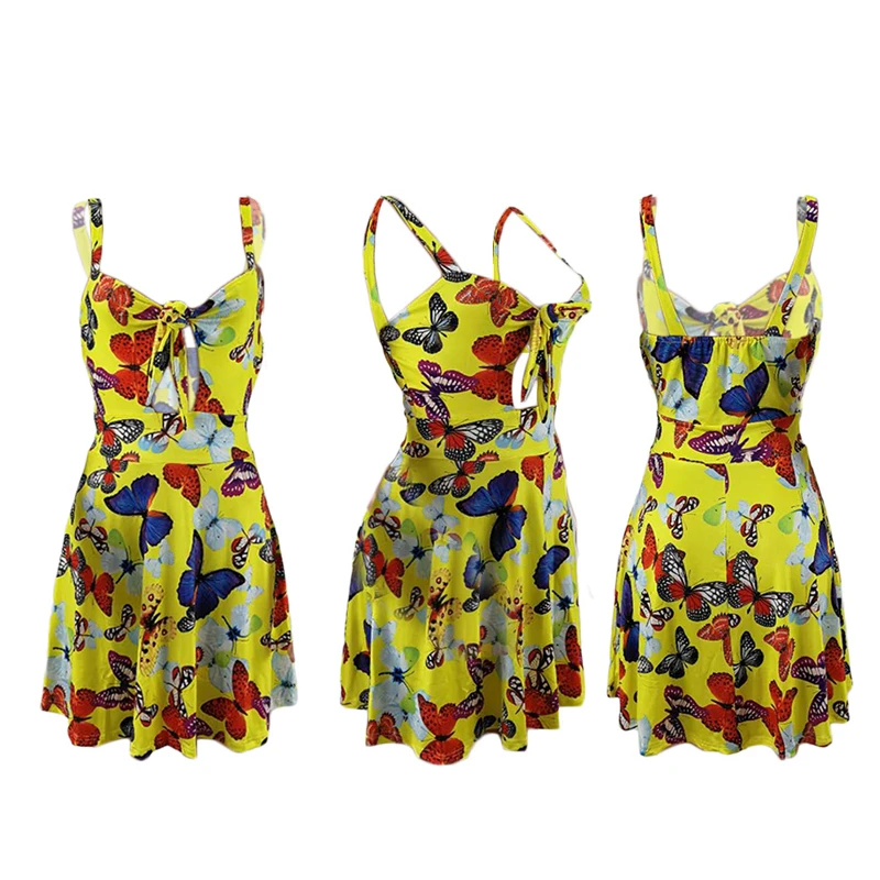 

Women Mini Dress Summer Butterfly Print Bow-knot Bandage Spaghetti Strap Bodycon Sexy Beach Dress Backless Evening Party Dresses