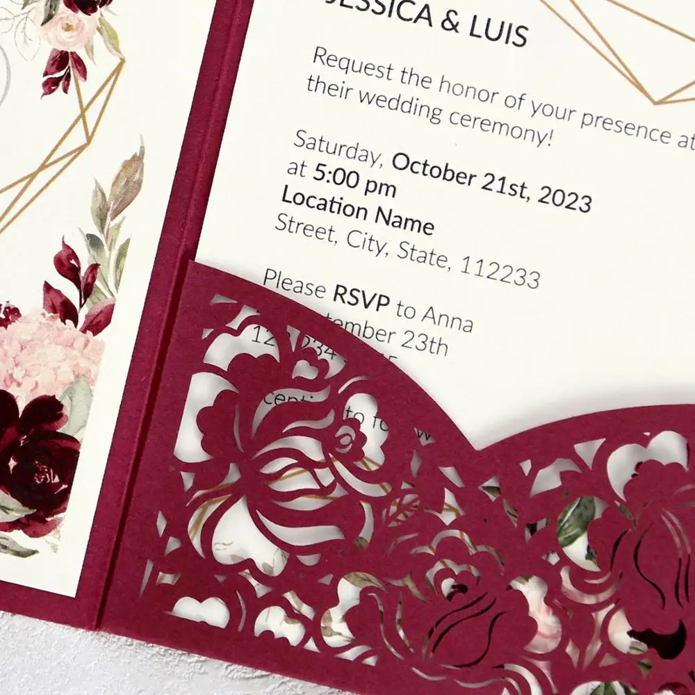 100 шт. бордовые Цветочные Пригласительные открытки с лазерной резкой для