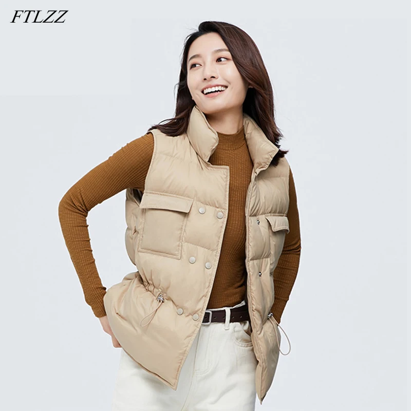 

FTLZZ Ultra Light Down Vest Women Short Jacket Waterproof Lightweight Warm Waistcoat White 90% Duck Down Coat Adjustable Waist
