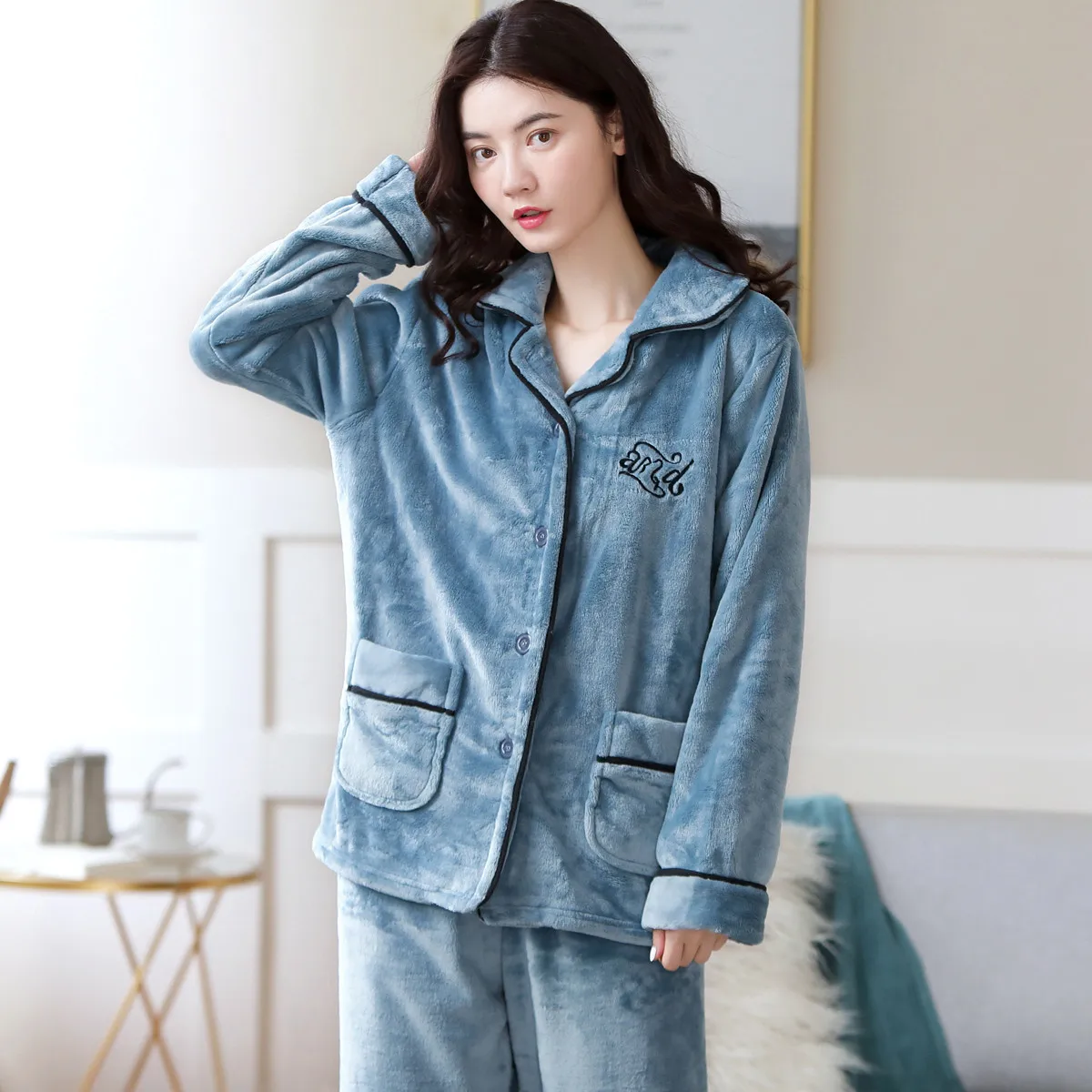 Женские Фланелевые пижамы пижамный комплект с длинными рукавами пижама Пижамный