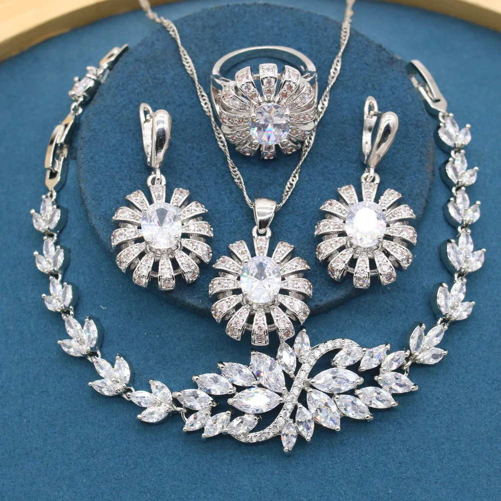 

White Zirconia Silver Color Jewelry Sets for Women Party Wedding Bracelet Earrings Necklace Pendant Ring Gift Box