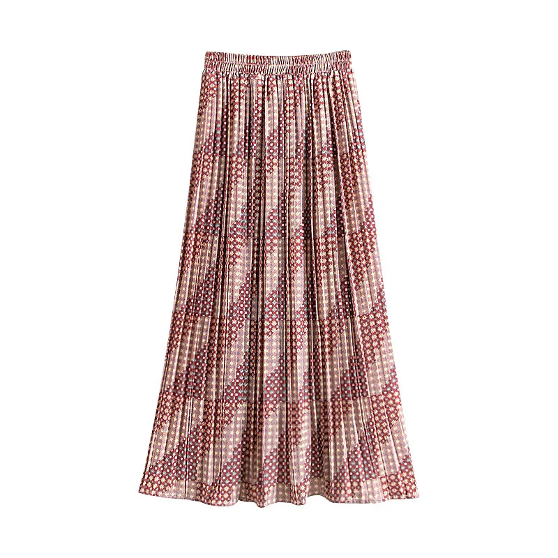 

TFETTERS Chiffon Pleated Skirt Spring and Summer New Large Swing Printed Skirt High Waist Slim National Long Skirt Women