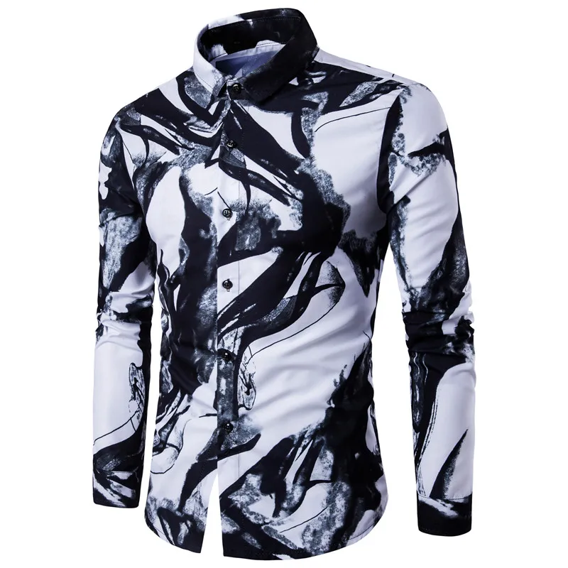 

Men printing lapel Shirt Long Sleeve Fashion Mens Casual Shirts Cotton Business Slim Fit Social Camisas Masculina S-2XL