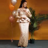 Rose Gold African Mermaid Prom Dresses 2022 Aso Ebi Style Lace Long Sleeve Formal Party Women Dress Plus Size Custom vestidos