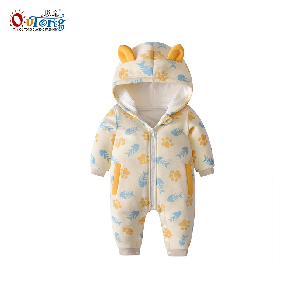 

Outong Autumn Winter 2020 Newborn Baby One-piece Romper Style Thickened Cotton Warm Hooded Zipper Jumpsuit Baby Clothes