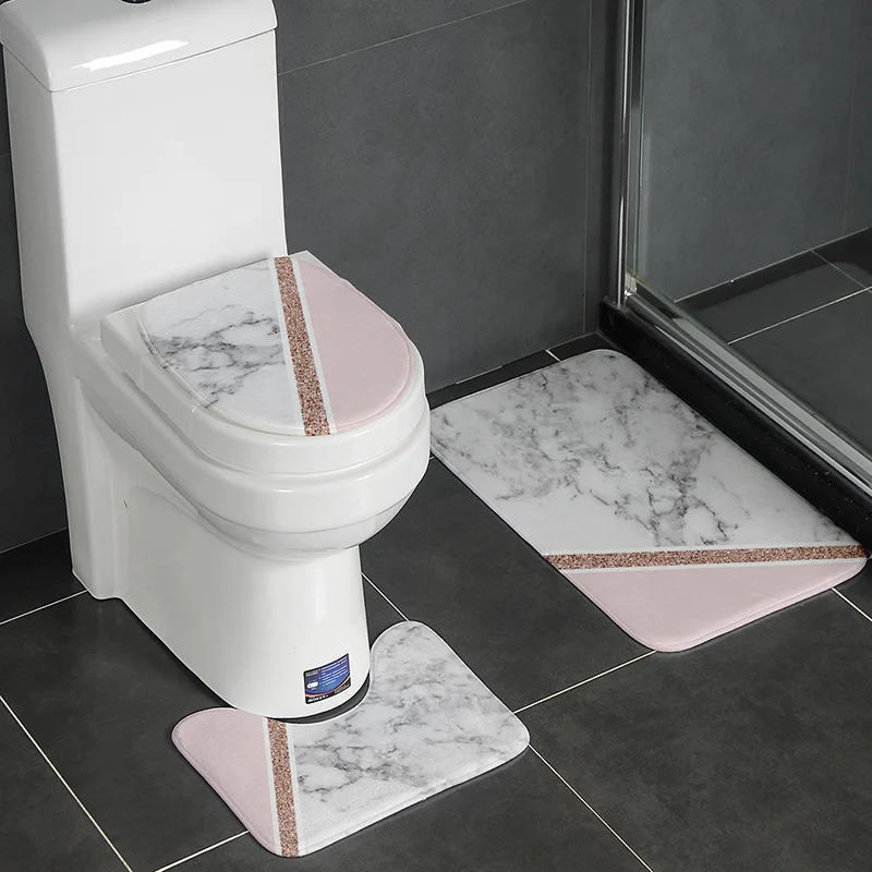

Modern Geometry Bathroom Bath Mat Set Floor Carpets In Toilet Lid Cover WC Rugs Flannel Anti Skid Washable Tapis Salle De Bain