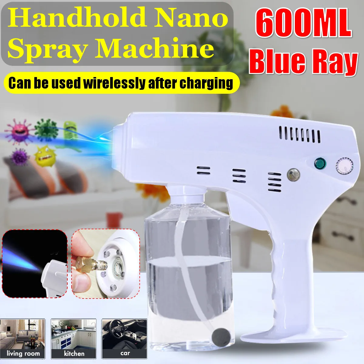 

600ml Handheld Wireless nano spray Gun Disinfectant Sterilizer Nano rechargeable Lithium Battery Blue Ray Nebulizers steam gun
