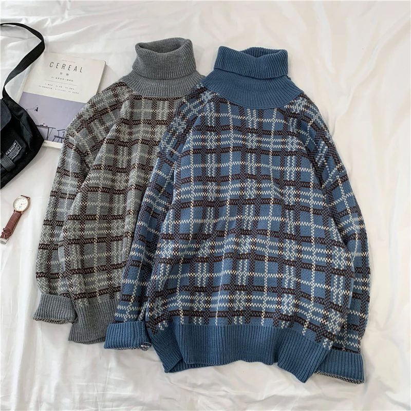 Winter Turtleneck Sweater Men's Warm Fashion Casual Retro Knit Pullover Men Streetwear Plaid Sweater Male Sweter Clothes