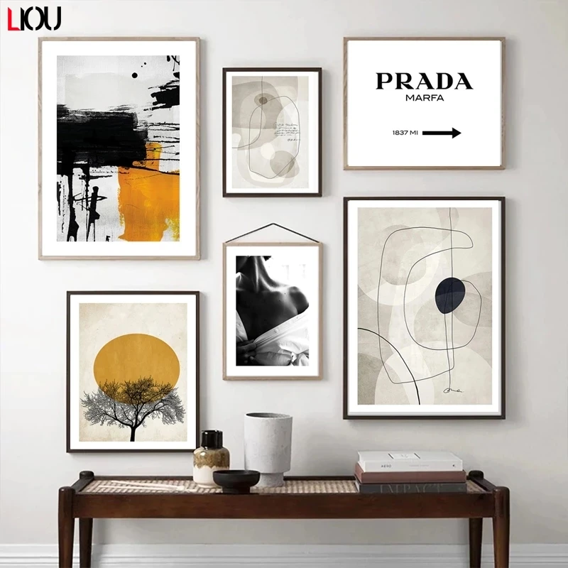 Модный постер для привлекательной леди черная белая абстрактная стена желтая