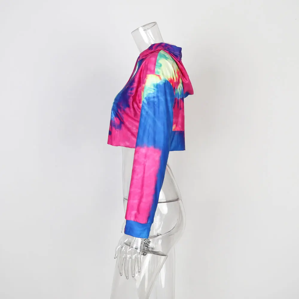 Women Short Tie Dye Hoodie Long Sleeve Sweatshirts with Drawstring Casual Style Pullover
