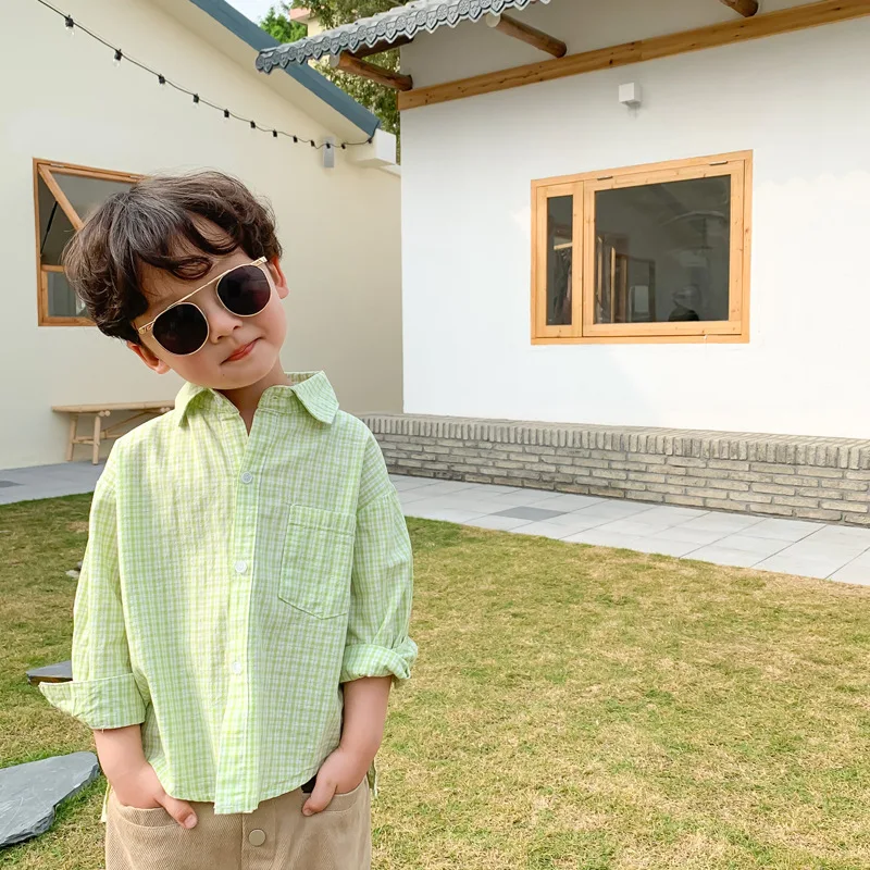 Клетчатые рубашки в Корейском стиле для мальчиков повседневные универсальные из
