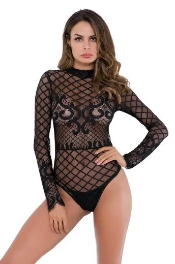 Черный SSWILD LADY женское прозрачное черное боди с длинным рукавом прозрачное сексуальное Сетчатое клетчатое прозрачное Тедди Эротическое нижнее белье-комбинезон 5218 - Цвет: Черный