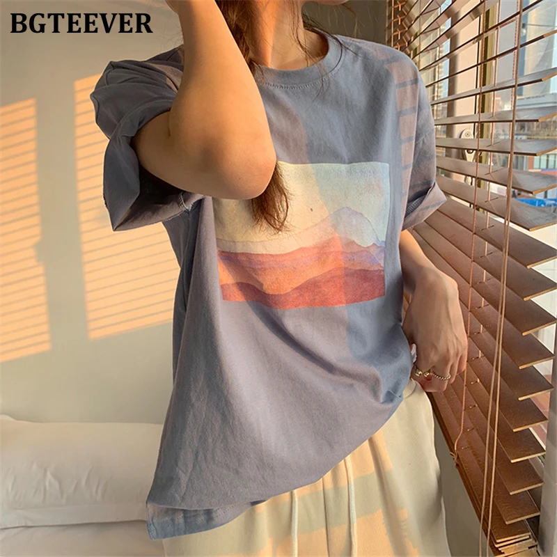 Футболка BGTEEVER женская с винтажным пейзажным рисунком Повседневный хлопковый топ