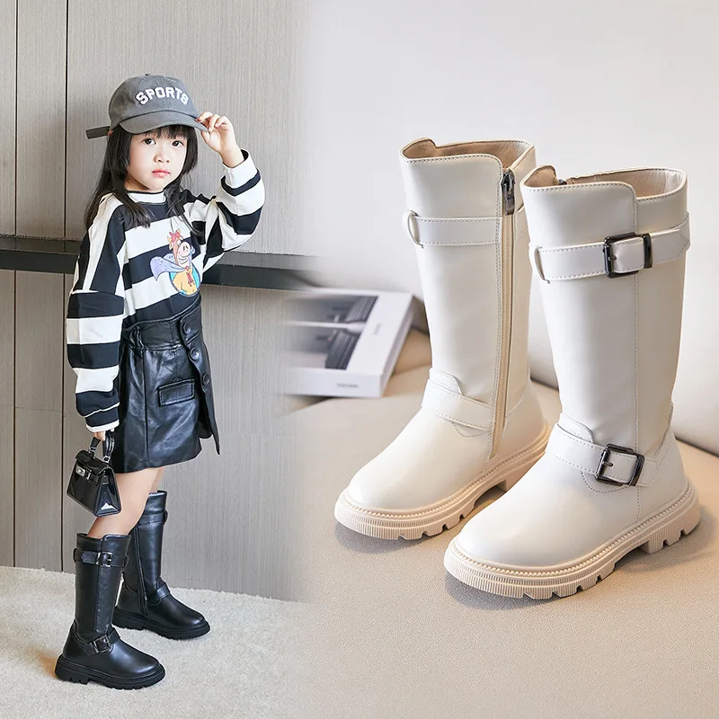 

Girls PU Platform Boots for Party Wedding Winter 2022 Black Boots Kids Fashion High Boots Breathable Non-slip Chic 26-36 New