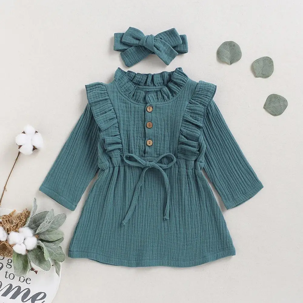 Платье принцессы для девочек льняное однотонное платье на пуговицах с рюшами и