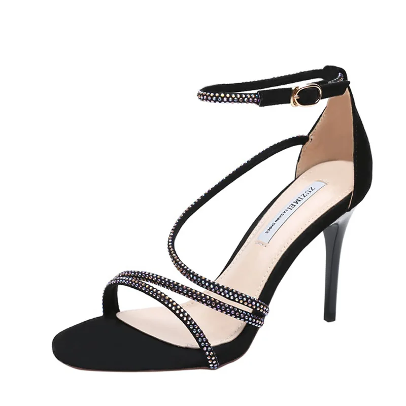 

Women's Rhinestone Sandals 2021 Summer New Fashion High Heel Stiletto round Toe Ankle-Strap Buckle Women's Shoes Sandals