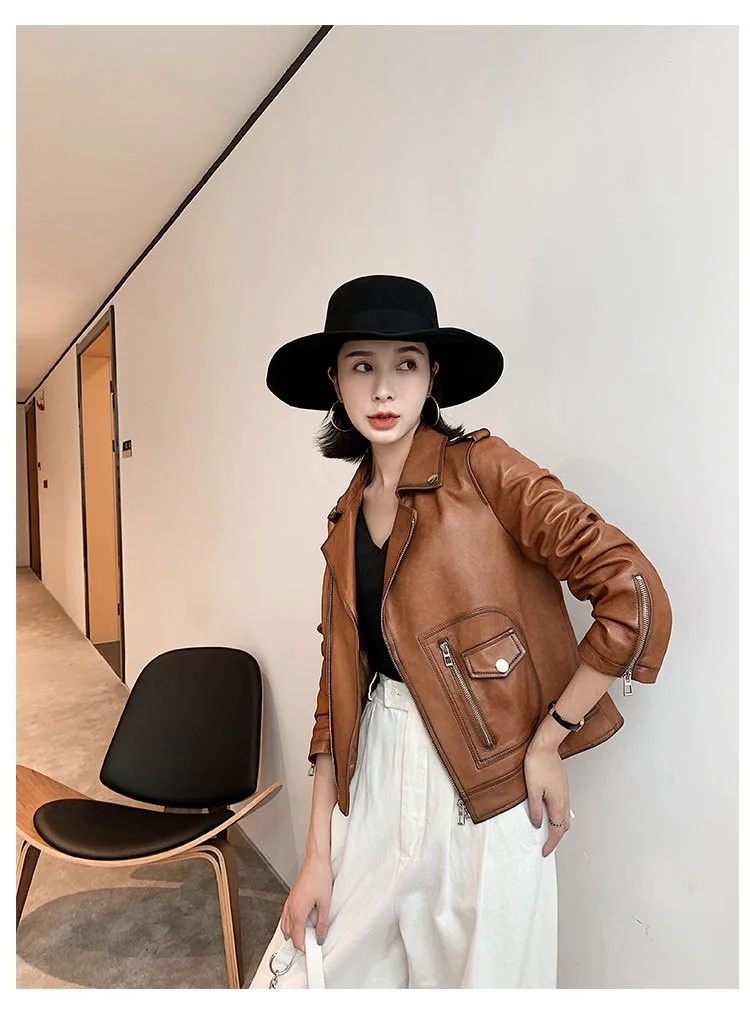 Новая кожаная куртка для женщин на весну и осень короткая мотоциклетная в стиле