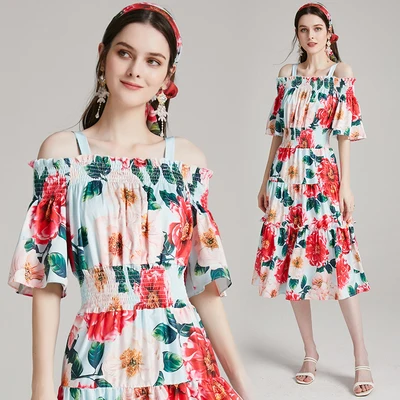 

Banulin 2021 Summer Fashion Designer Cotton Dress Women Slase neck Elastic waist Rose Floral Print Holiday Elegant Boho Dress