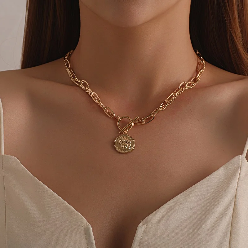 

Gold chain layered Coin Pendant Necklace Fashion irregular round head pendant necklace lady charm thick chain necklace