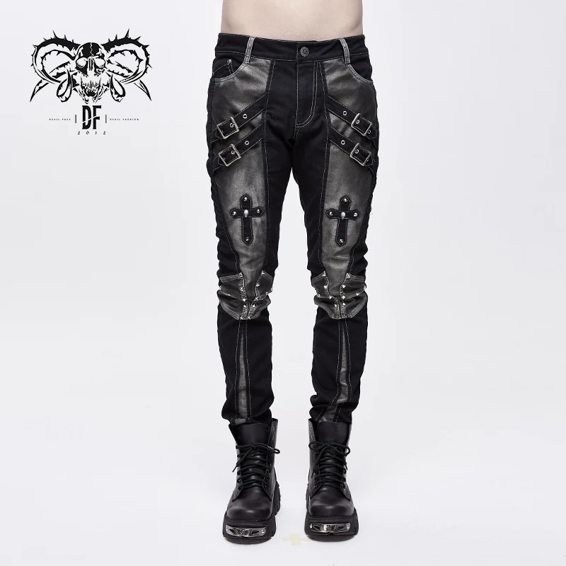 

Devil Fashion Punk Men Trousers Personality Pu Leather Splice Fit Street Dsily Tight Pants