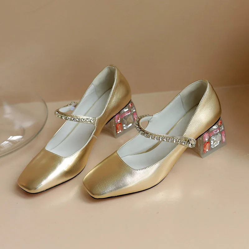 Женские золотистые туфли с квадратным носком phoety свадебные на каблуке цветными