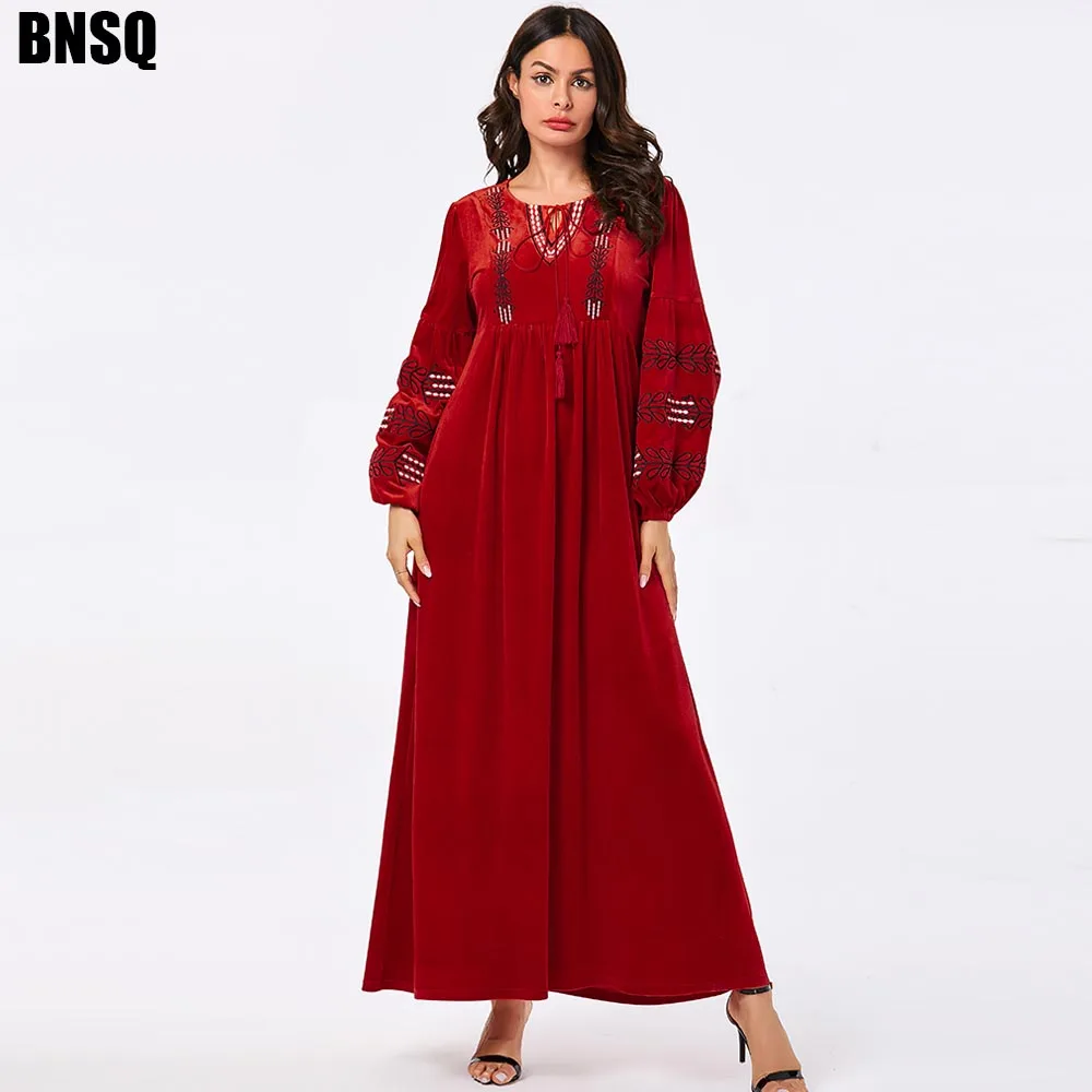 Bnsq Arab Emas Beludru Bordir Abaya Gaun Musim Dingin Wanita Muslim Kaftan Kaftan Maroko Islam Dubai Indonesia Gaun India