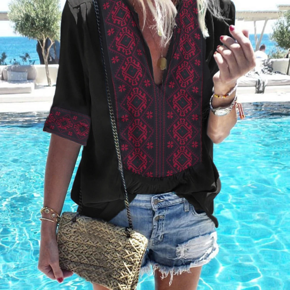 Dihope 2020 женский богемный блузка в этническом стиле рубашка сексуальный v образный