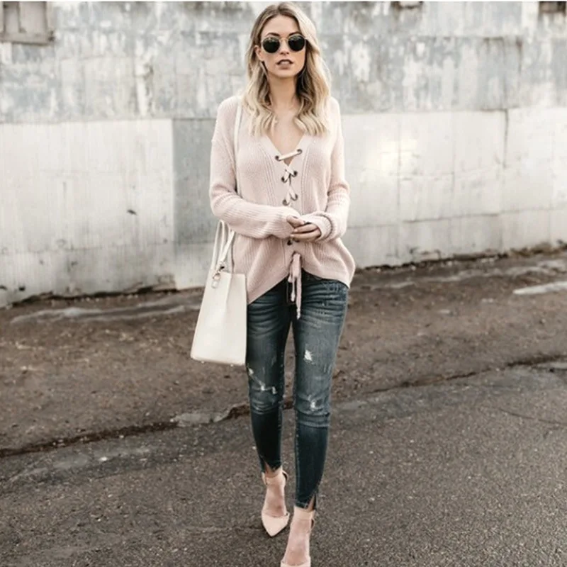 Женский свитер с глубоким V-образным вырезом и длинным рукавом | Женская одежда