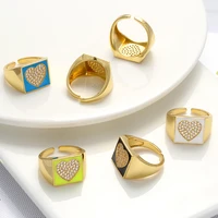 oil dripping couple ring fashionable opening adjustable multi color optional wide face square heart inlaid filling jewelry