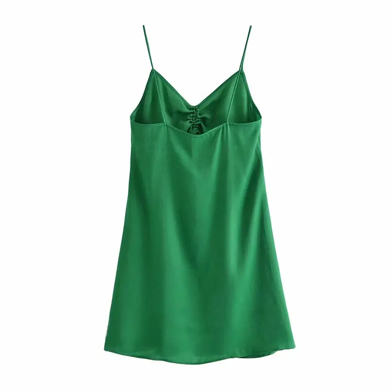 

ZA Summer Women Satin Camisole Dress Drawstring V-Neck Loose Dresses Lady Party Vestido Elegant Girls Backless Causal Outfits
