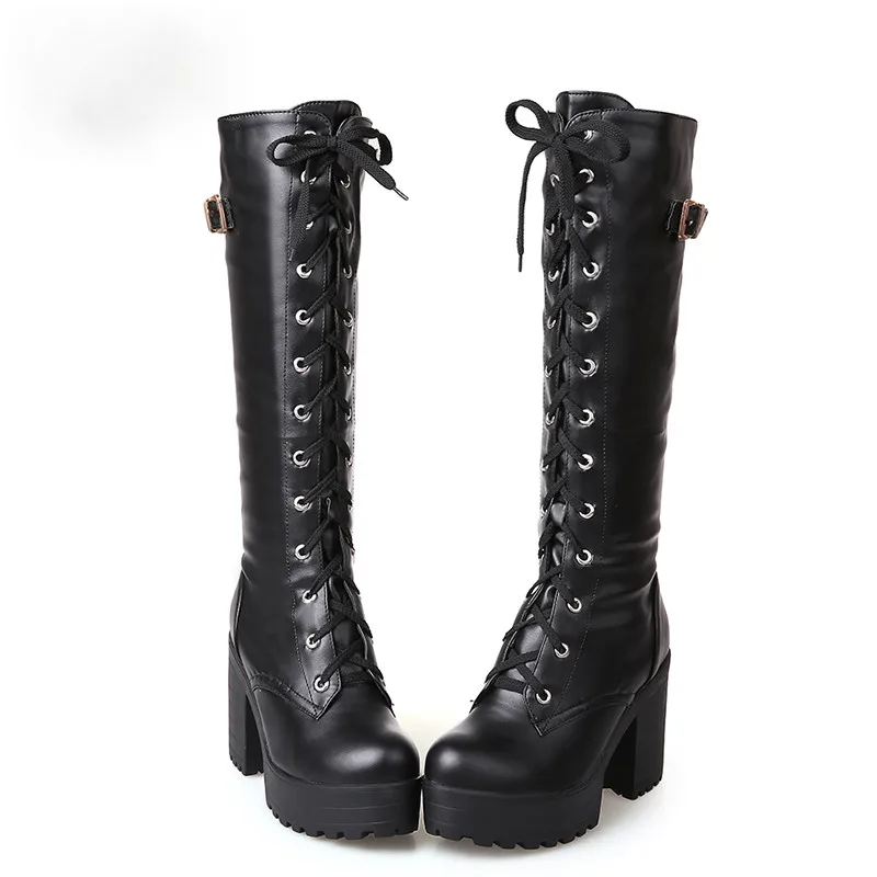 

Hot Sale Spring Autumn Lacing Knee High Boots Women Fashion White Square Heel Woman Leather Shoes Winter PU Large Size 43