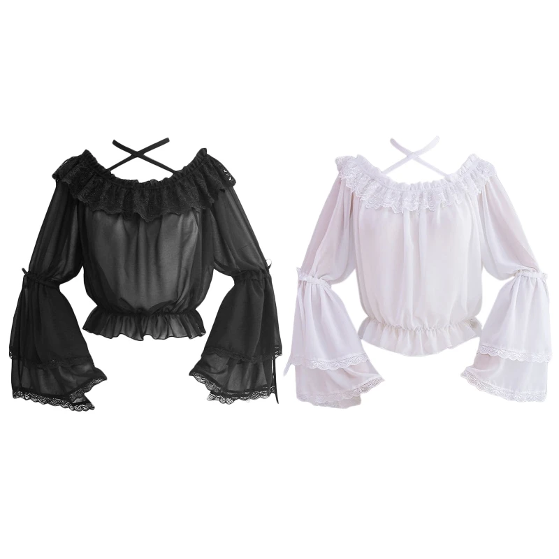 

Women Lolita Chiffon Blouse Crop Top Flare Lace Long Sleeves Halter Neck Undershirt Pleated Frilly Ruffled Off Shoulder Shirt