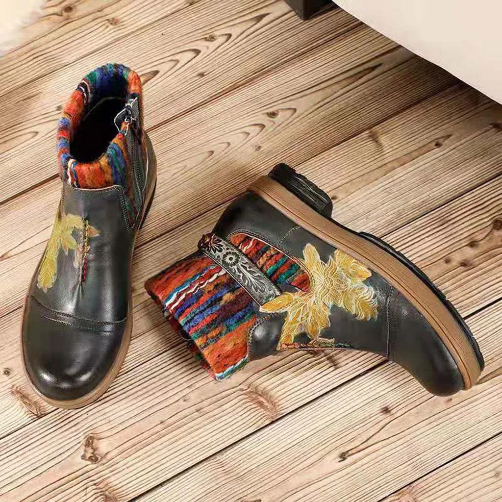 Retro Women's Embroidery Style Ankle Boots Round Toe Shoes Ladies Side Zipper Floral Short Woman Square Med-Heeled Bootie | Обувь