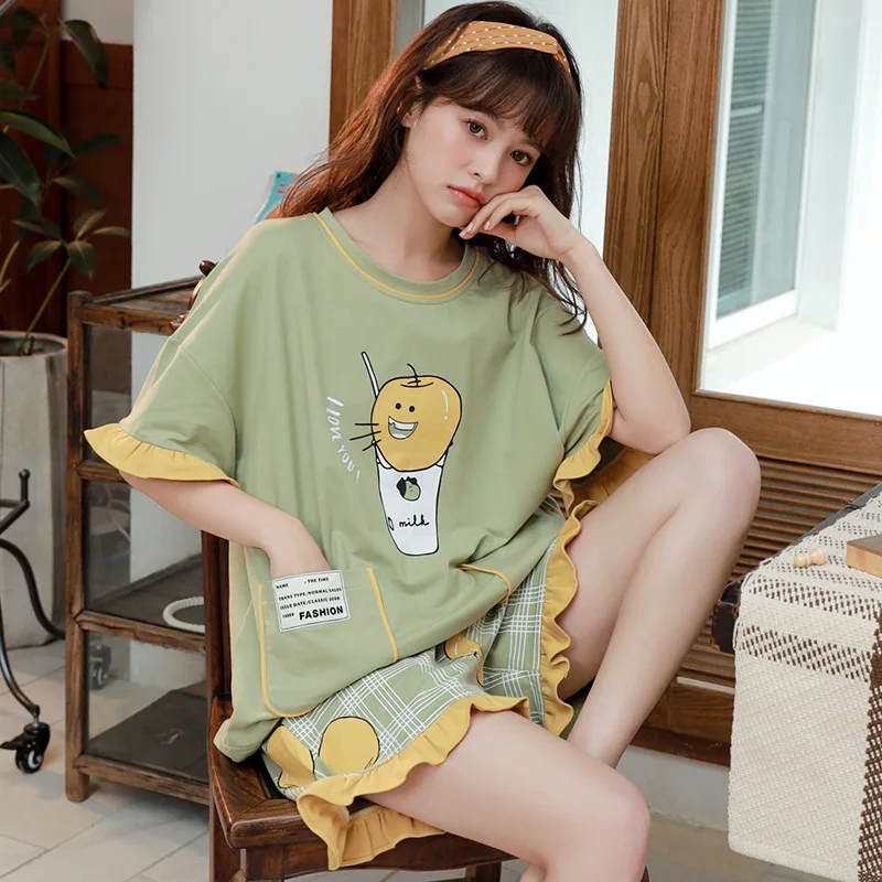 

Women Summer New Pajamas Suit Nightgown Sleepwear Print Cartoon Pyjamas 2PCS Shirt&Shorts Nightwear Ruffles Sleep Set Home Wear