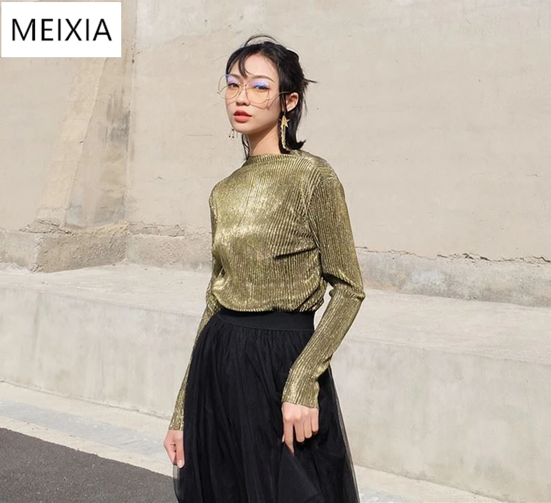 

MEIXIA Women Sequin T Shirts Sexy Solid Turtleneck Slim Super Shine Bling Bling Shirts Chic Street Tshirts Woman Summer Tops