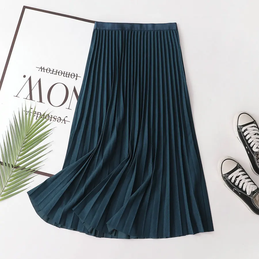 

Stylish Green Black Gray Khaki Chiffon Pleated Skirt Women Spring Summer Plain Colour Elasitc Waist Calf Length Skirts Korean