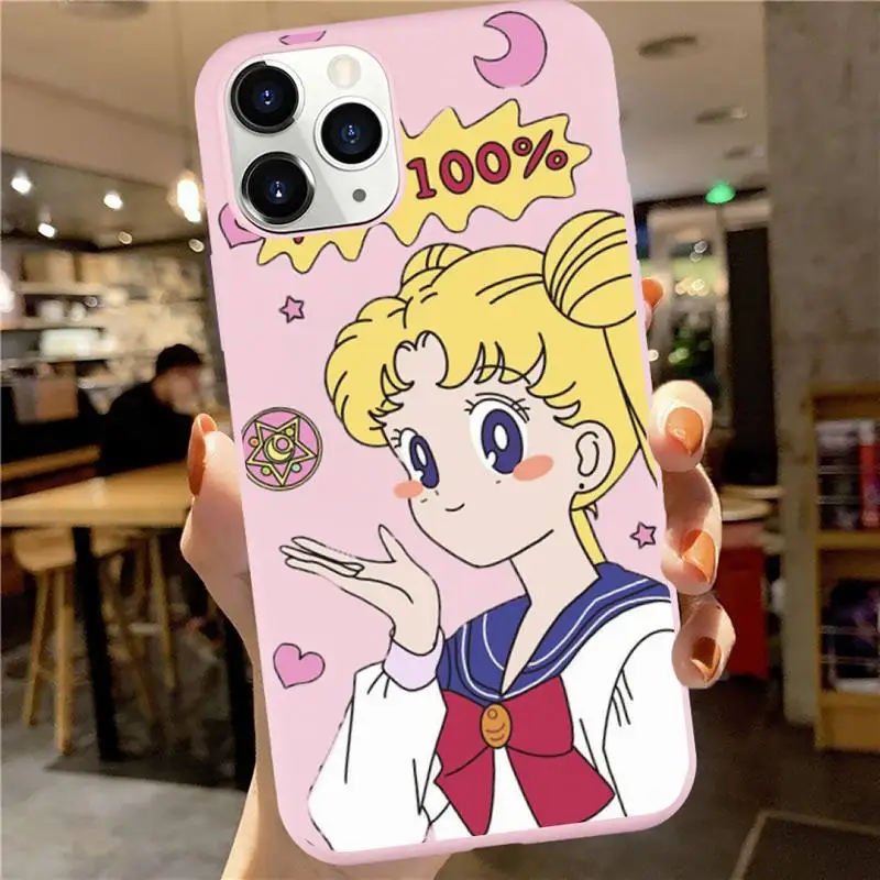 

Sailor Moon Cartoon girl Phone Case Pink Candy Color for iPhone 6 7 8 11 12 s mini pro X XS XR MAX Plus