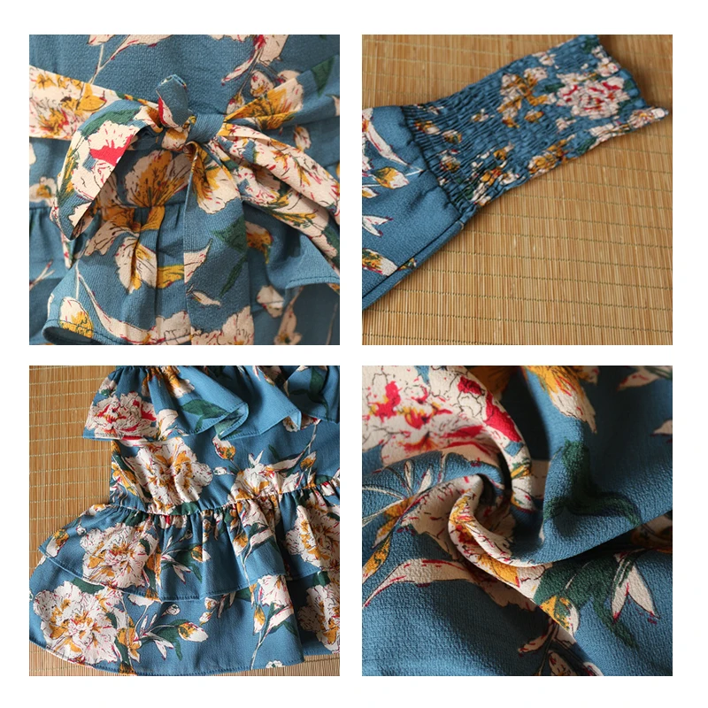 

Women Elegant One Shoulder Long Sleeve Floral Print Mini Dress Casual Crew Neck Sashes Ruffles Short Dresses Boho Beach Dress