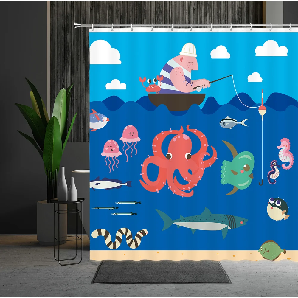 

Child Cartoons Mermaid Shower Curtain Octopus Jellyfish Marine Life Bathroom Curtains For Bathtub Home Decor With Hooks