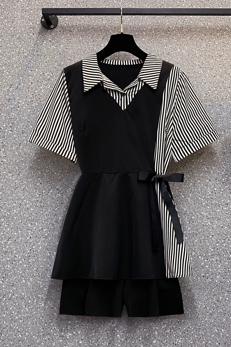 

Plus Size Women Clothing Two Piece Set Striped Short Sleeve Blazer Set Patchwork Wear Work Coveralls Business Frauen Set