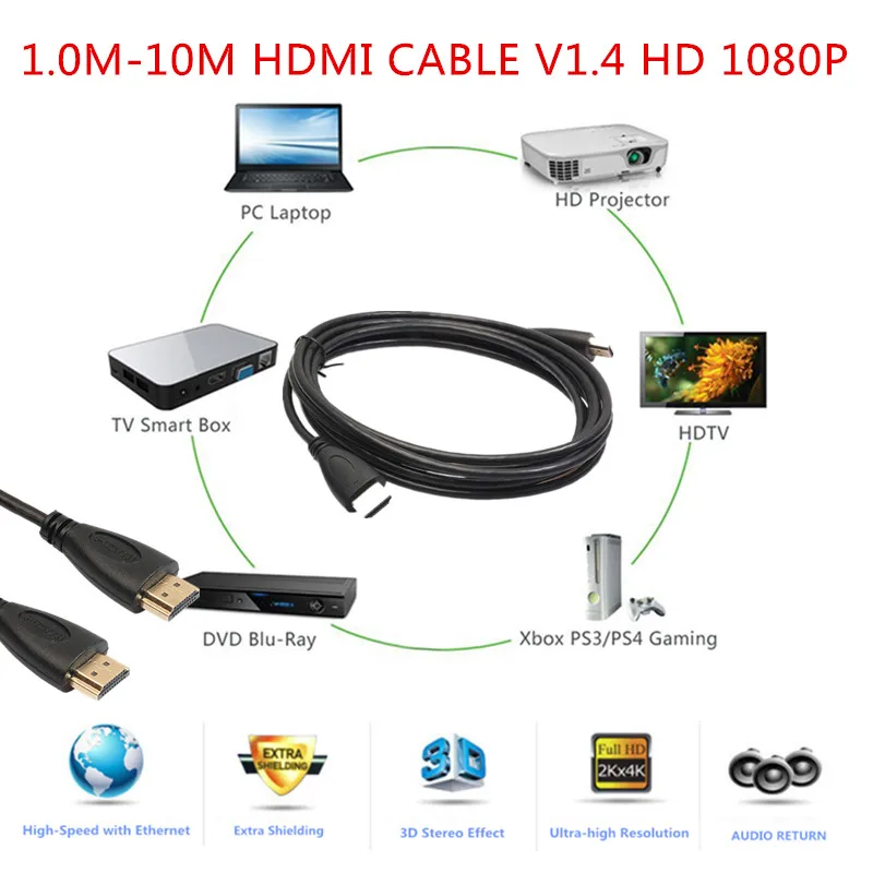 High Speed Cable 1M 1.5M 2M 3M 5M 10M Video Cables 1.4 1080P 3D Gold Plated For HDTV XBOX PS3 Xbox PS4 TV HDMI-compatible | Компьютеры и