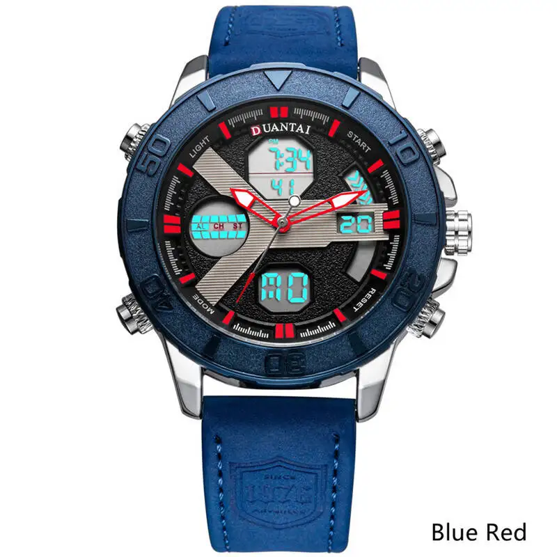 Blue Red Мужские спортивные часы DUANTAI, роскошные часы с двумя часовыми поясами, мужские кожаные часы с Т-образной пряжкой, водонепроницаемые 3AM - Цвет: Blue Red
