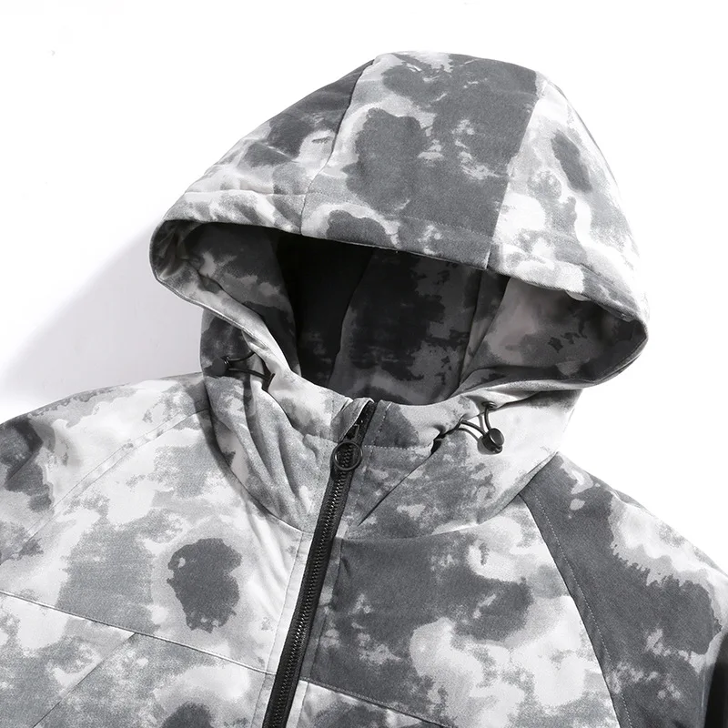 Camouflage Tie-dye Multi-pocket Tooling Warm Hooded Jacket Men's Fashion Outdoor Loose Thickening Winter Coat Streetwear