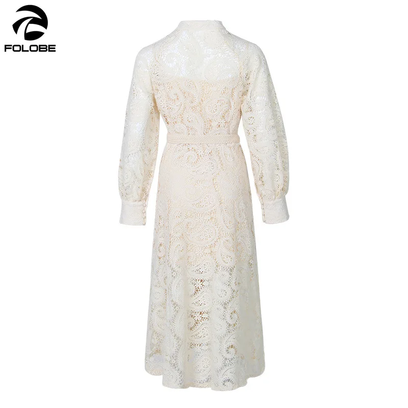 

FOLOBE Solid Embroidery Hollow Out Summer Dress Stand Collar Lantern Sleeve High Waist Sashes A-line Midi Dresses For Women